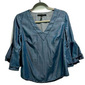 White House Black Market Women Blouse V neck Ruffle 3/4 Sleeve Blue Small Size 4